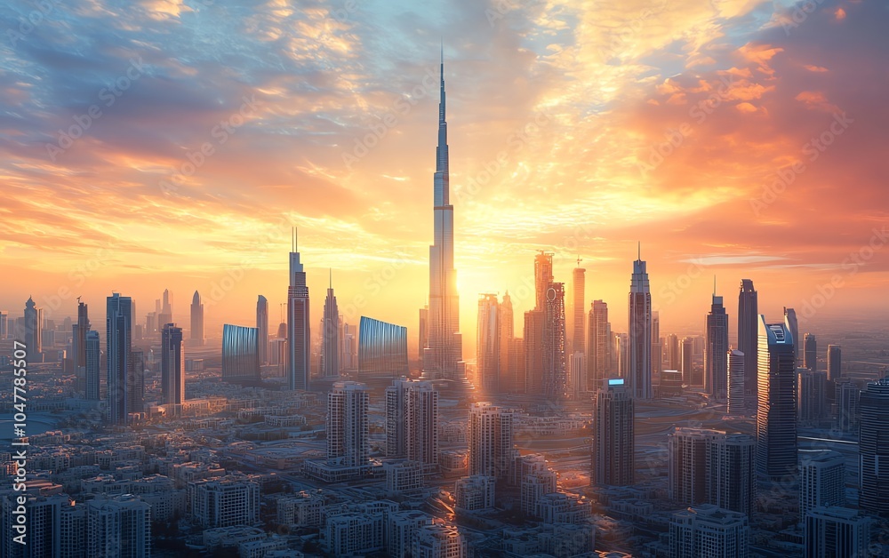 Poster modern city skyline featuring smart buildings connected via iot and ai technology, optimizing energy