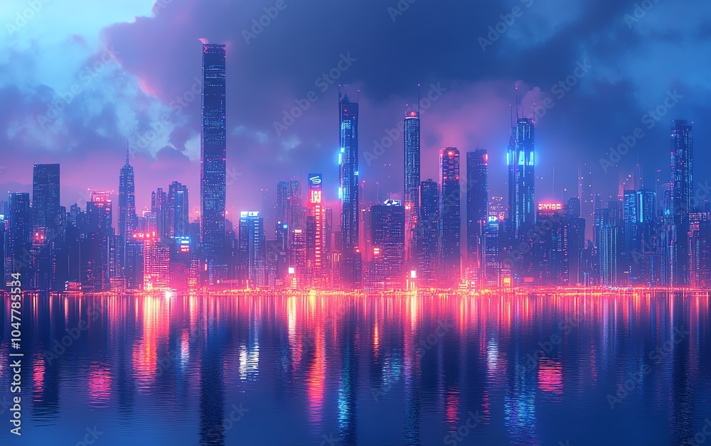 Poster Modern city skyline featuring smart buildings connected via IoT and AI technology, optimizing energy, traffic, and urban resource management