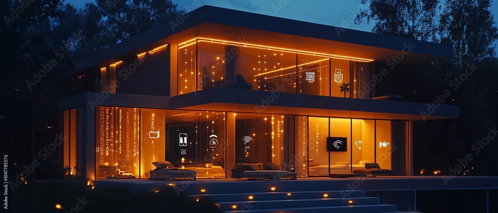 Poster modern smart home design, highlighting iot network with icons for security, lighting, and climate co