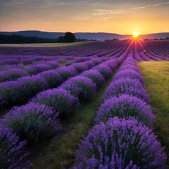 Obraz premium Rolling hills covered in vibrant lavender fields at sunrise