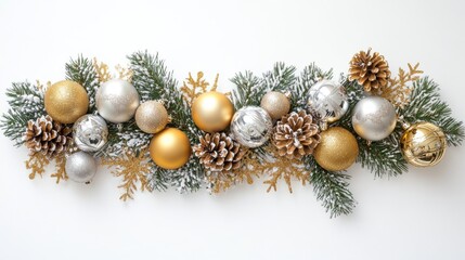 Fancy Christmas garland with golden and silver decorations, pine cones, snowflakes, and balls on a white background