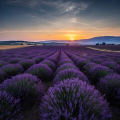 Fototapeta premium Rolling hills covered in vibrant lavender fields at sunrise