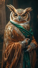 Majestic Owl Draped in Regal Attire with Intricate Embellishments