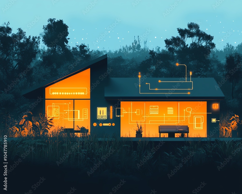 Poster smart home and iot illustration with a circuitconnected house, showcasing digital icons for energy m