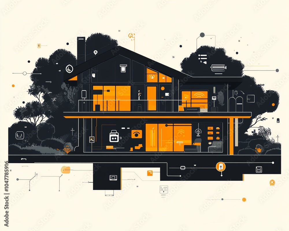 Poster smart home and iot illustration with a circuitconnected house, showcasing digital icons for energy m