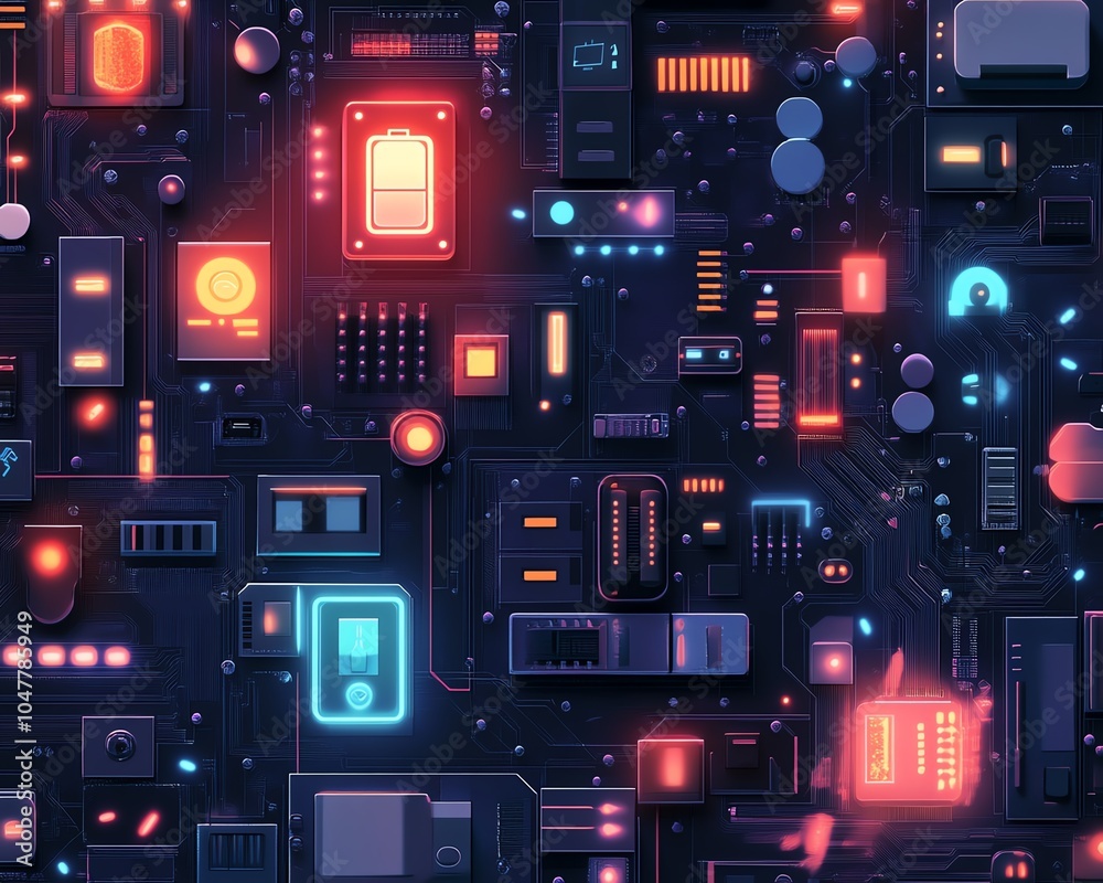 Poster Smart home circuit board design with digital IoT icons for security, temperature control, and automation, illustrating seamless connectivity