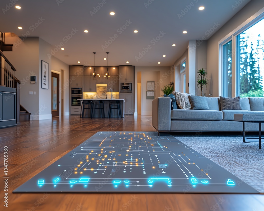 Poster smart home circuit board design with digital iot icons for security, temperature control, and automa