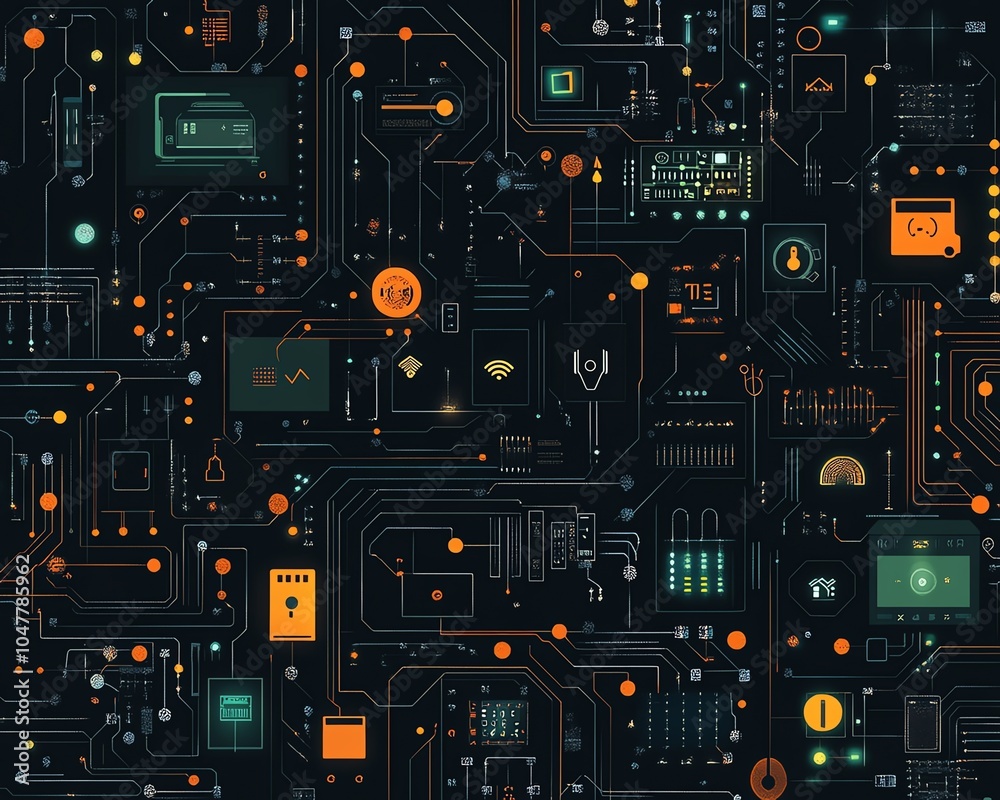 Aufkleber Smart home circuit board design with digital IoT icons for security, temperature control, and automation, illustrating seamless connectivity