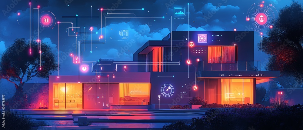 Poster smart home illustration with interconnected iot icons and digital circuits, showcasing remote monito