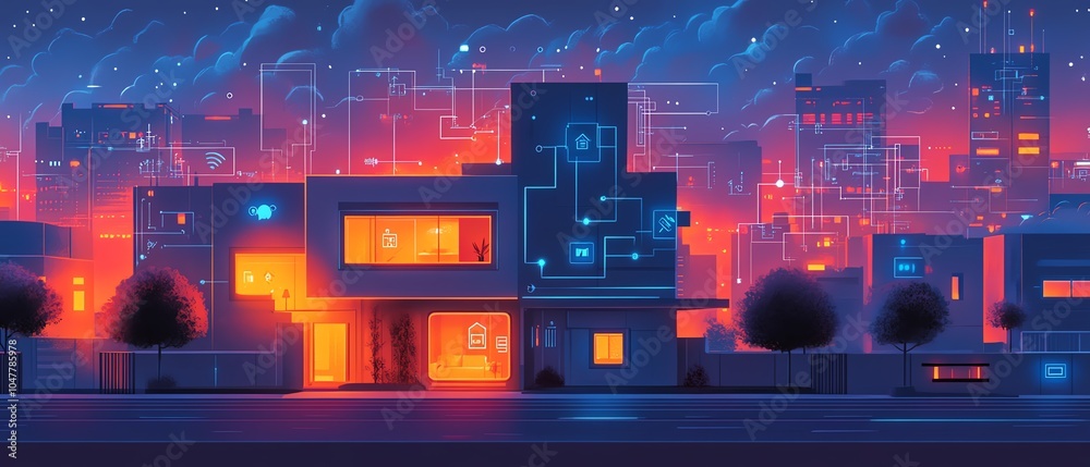 Poster smart home illustration with interconnected iot icons and digital circuits, showcasing remote monito