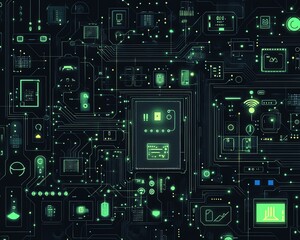 Fototapeta premium Smart home circuit board design with digital IoT icons for security, temperature control, and automation, illustrating seamless connectivity