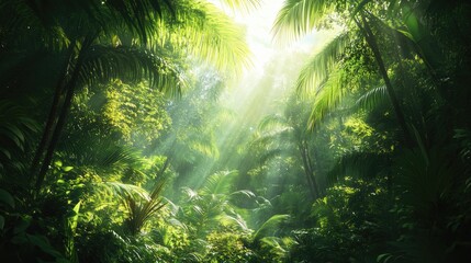 Fototapeta premium Dense jungle with sunlight beams. Perfect for tropical or nature themes.
