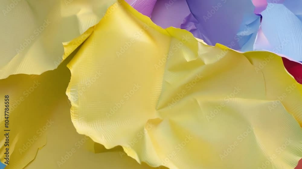 Poster Crumpled sheets of paper in lively hues of blue, yellow, and purple overlap to compose an abstract and textured arrangement, showcasing artistic design through simple materials.