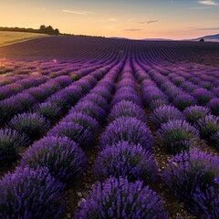 Rolling hills covered in vibrant lavender fields at sunrise