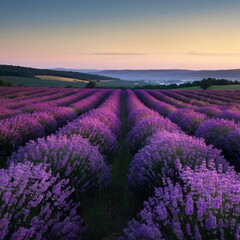 Fototapeta premium Rolling hills covered in vibrant lavender fields at sunrise