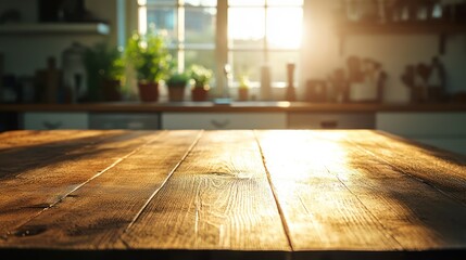 A wooden kitchen table illuminated by morning sunlight, ready for product display.