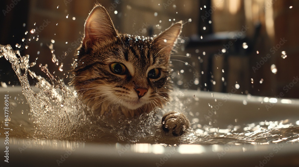 Poster playful cat enjoying a splash in water