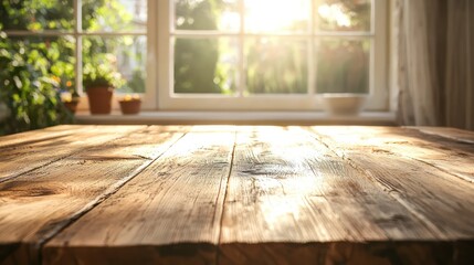 A wooden kitchen table with a rustic wall background and natural light filtering through the window.