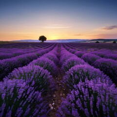 Fototapeta premium Rolling hills covered in vibrant lavender fields at sunrise