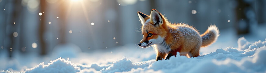 Fototapeta premium Red fox walking in deep snow on sunny winter day