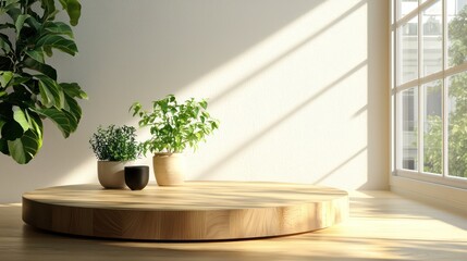 A wooden pedestal with free space for decoration, situated in a kitchen interior with morning sunlight filtering through the window.