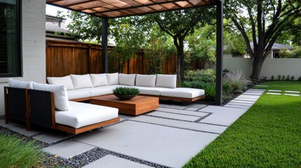 Obraz premium Tranquil Outdoor Patio with Modern Lounge Furniture and Lush Greenery