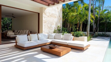 Fototapeta premium Luxurious Tropical Outdoor Lounge with Modern Patio Furniture and Pool