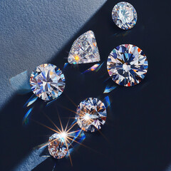 Fototapeta premium Radiant Loose Diamonds with Sparkling Light Reflections on Dark Blue Background