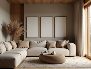 Wabi-Sabi Style Interior with Solid Wood Furniture Featuring Three Blank Canvases in a Cozy Living Room