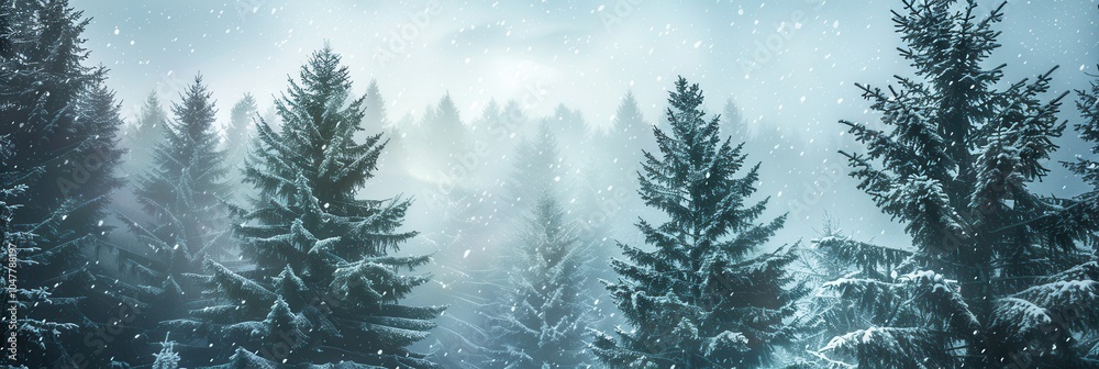 Poster Tall pine trees blanketed in snow create a tranquil atmosphere as soft flakes fall gently in a winter wonderland landscape. Generative AI