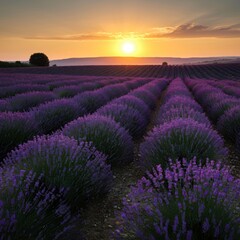 Fototapeta premium Rolling hills covered in vibrant lavender fields at sunrise