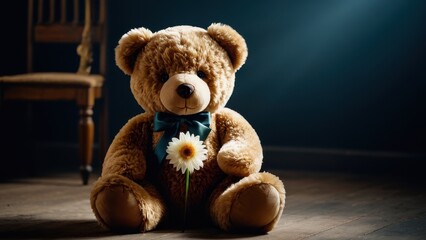 Obraz premium Teddy bear with a flower, capturing a soft and loving vibe, ideal for birthdays, anniversaries, or simply to show someone you care.