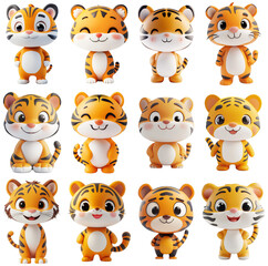 Obraz premium Cute Cartoon Tiger Illustration Set with Transparent Background - Perfect for Kids' Designs and Fun Projects