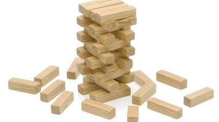 Financial Jenga: A tower of wooden blocks teeters. Each piece represents an investment decision. (Plenty of room for your holiday message.) 