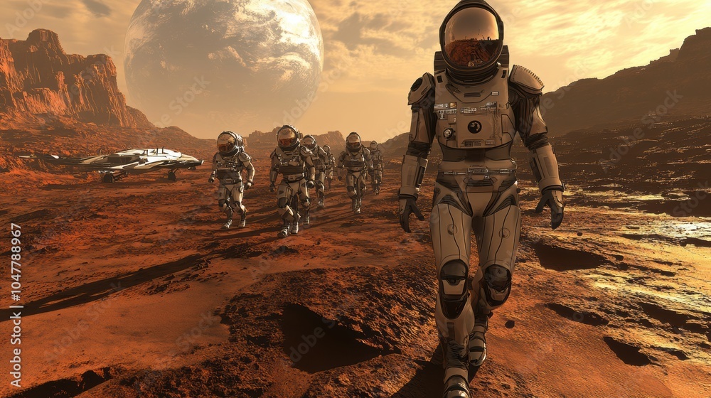 Poster a group of astronauts walks across the rocky martian surface under an orange sky, with a spacecraft 