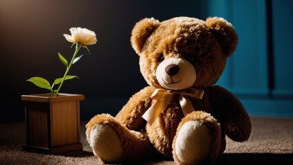 Obraz premium Teddy bear with a flower, a heartfelt symbol of love and care, making it a wonderful gift for loved ones on special days.