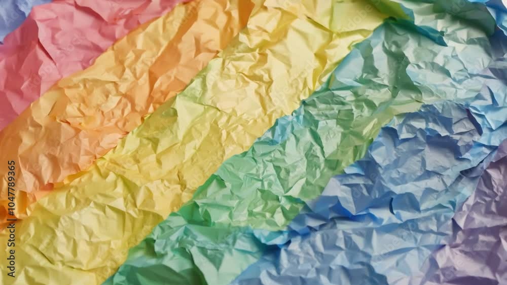 Poster crumpled sheets of pastel-colored paper in soft hues of pink, yellow, green, and blue are laid out o