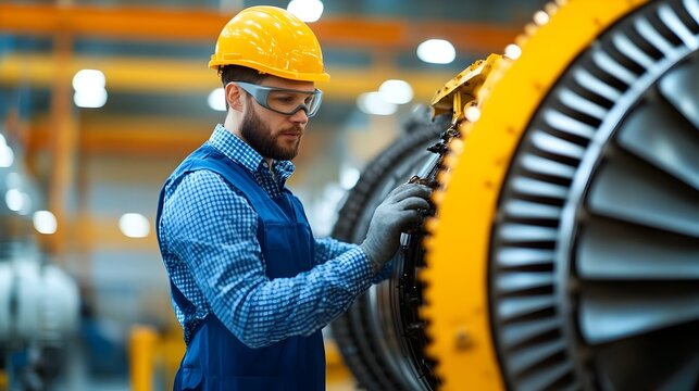 Wide angle shot of an aircraft engineer working on a jet engine inside a repair hangar surrounded by tools and machinery required for aircraft maintenance and repair