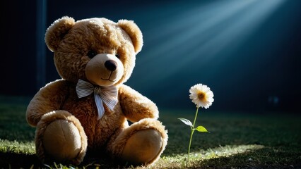 Obraz premium Adorable teddy bear with a flower, ideal for expressing love and affection, perfect as a thoughtful gift or a cozy decor piece.