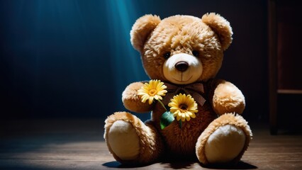 Obraz premium Teddy bear with a flower, capturing a soft and loving vibe, ideal for birthdays, anniversaries, or simply to show someone you care.