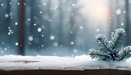 winter scene featuring a snow-covered pine with blurred background