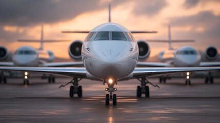 Fototapeta premium Technicians conducting a thorough pre flight inspection on a fleet of commercial jets with a wide angle view showing multiple planes lined up on the tarmac ready for takeoff