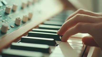 Obraz premium Close-Up of Fingers Adjusting Faders on Musical Device