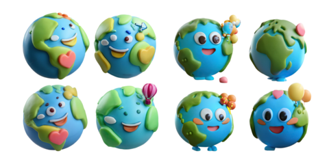 Playful Cartoon Earth Characters for Kids' Designs, PNG collection, set bundle, isolate on transparent or white background