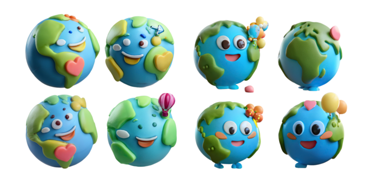 Playful Cartoon Earth Characters for Kids' Designs, PNG collection, set bundle, isolate on transparent or white background