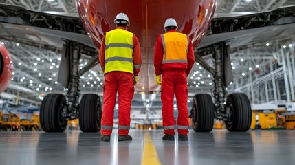 Fototapeta premium Aviation mechanics closely inspecting the landing gear of a large commercial jetliner with a wide angle view capturing the full scale and dimensions of the aircraft