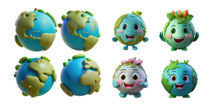 Playful Cartoon Earth Characters for Kids, PNG collection, set bundle, isolate on transparent or white background - Powered by Adobe