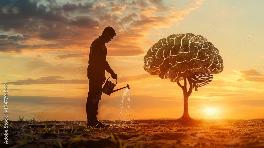 Poster a silhouette of a man watering a brain-shaped tree under a vibrant sunset, illustrating the growth o
