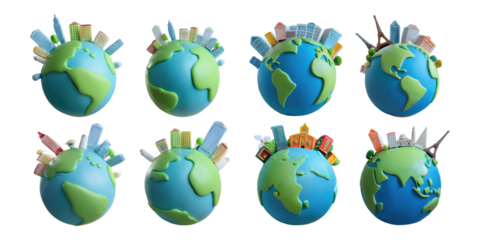 Colorful Globe Representations with Buildings, PNG collection, set bundle, isolate on transparent or white background