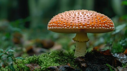 A red and white mushroom in a forest. This image can be used for projects related to nature, forest, or mushrooms.
